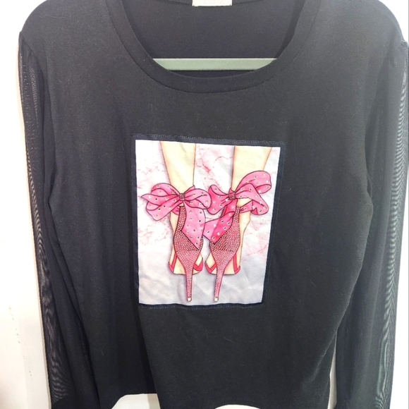 Adorable womens long sleeve t shirt with mesh sleeves, Size 1x - Picture 1 of 7